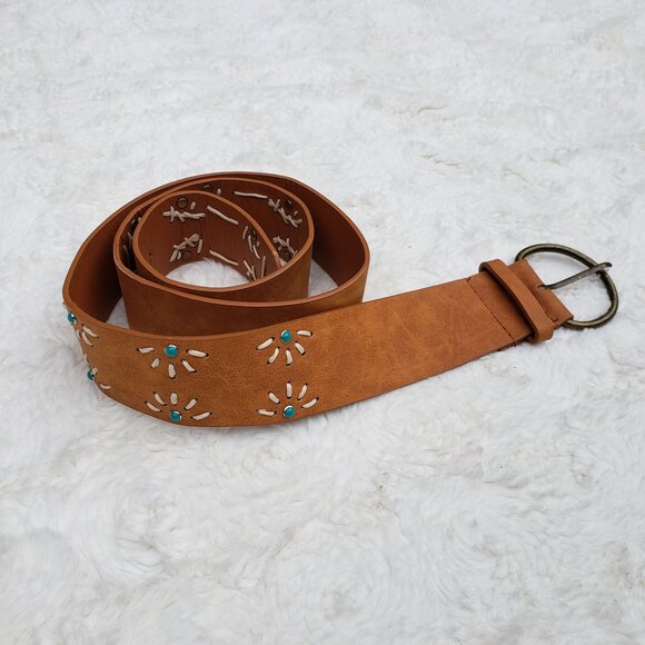 Brown vegan Leather Belt Size 13 Bohemian Boho Southwestern Style - Picture 1 of 6